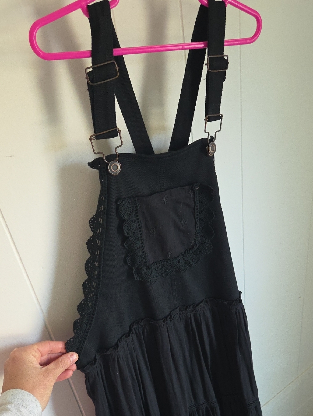 Black Maxi Pinafore Dress with Lace Trim
